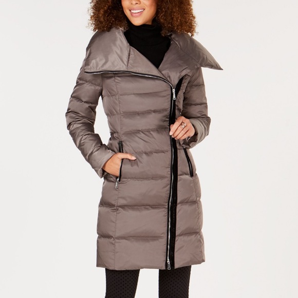 Tahari Asymmetrical Belted Puffer Coat 